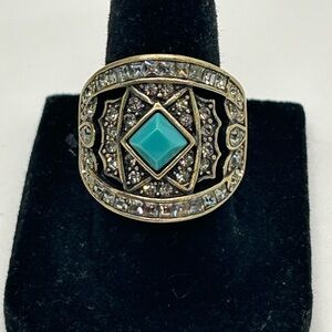 Heidi Daus Art Deco Crystal & Turquoise Ring   Sz 7